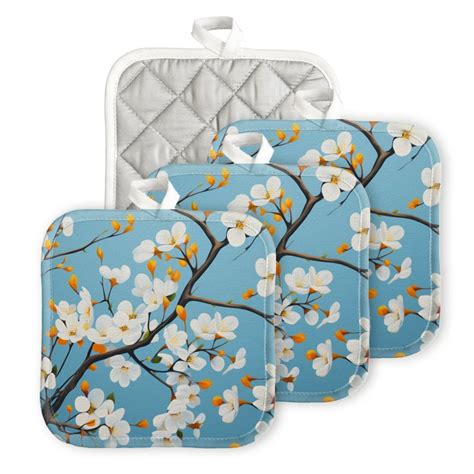 BaHomeck Heat Resistant Hot Pads 4 Pack Painting Of White Flowers On Tree Branches Square Pot