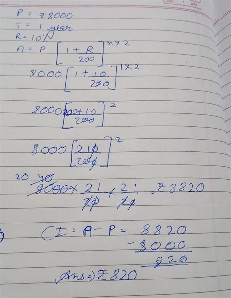 Find The Compound Interest On A Sum Of Rs 8000 For 1 Year At 10 Per