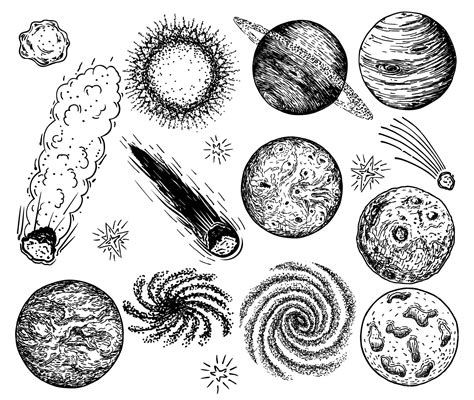 Croquis De Lensemble Dobjets Spatiaux Collection De Comètes Planètes