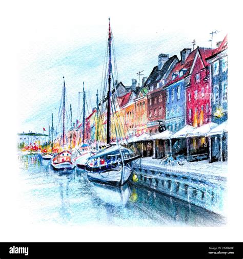 Aquarellstifte Skizze von Nyhavn mit bunten Fassaden alter Häuser und