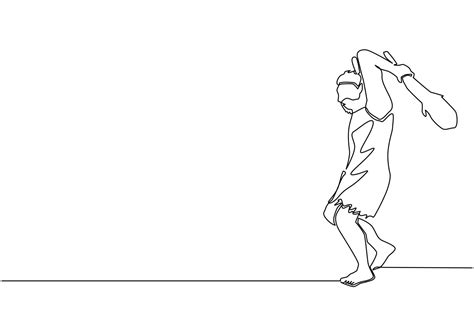 Single Continuous Line Drawing Caveman Holding And Raised Cudgel