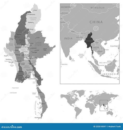 Myanmar Detailed Map Highlighted On Blue Rounded World Map Vector