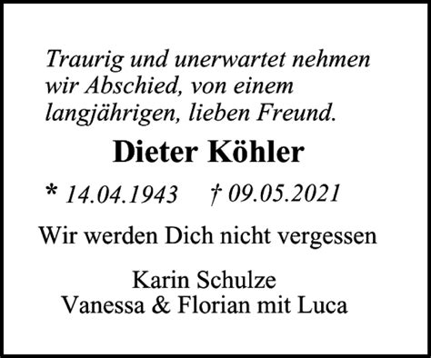 Traueranzeigen von Dieter Köhler trauer38 de