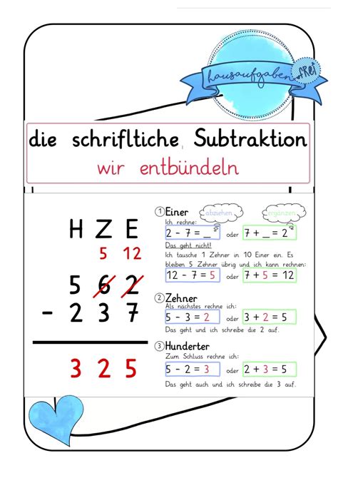 Aushang Tafelmaterial Zur Schriftlichen Subtraktion