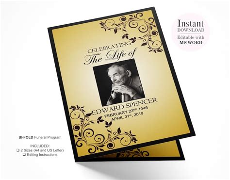 4 Page Gold Funeral Program Template For Men Celebration Of Etsy