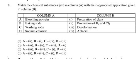 Match The Chemical Substances Give In Column A With Their Appropriate