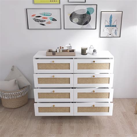 Stylish White Dresser with Rattan Drawer Face &Golden Legs - 8-Drawer ...