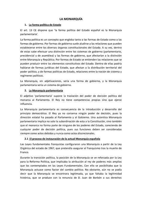 La Monarquía D Constitucional Ii La MonarquÍa 1 La Forma Política De Estado El Art 13 Ce