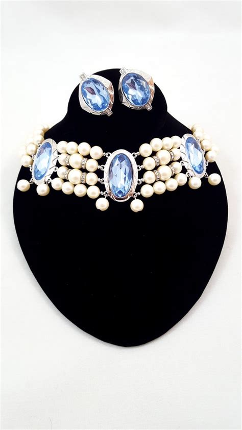 Vintage Monet Pearl Rhinestone Necklace Monet Blue Rh Gem