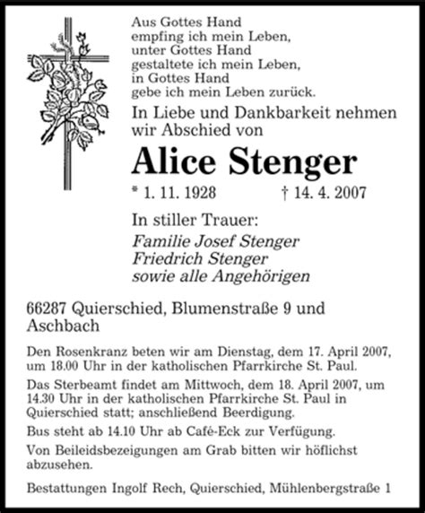 Traueranzeigen Von Alice Stenger Saarbruecker Zeitung Trauer De