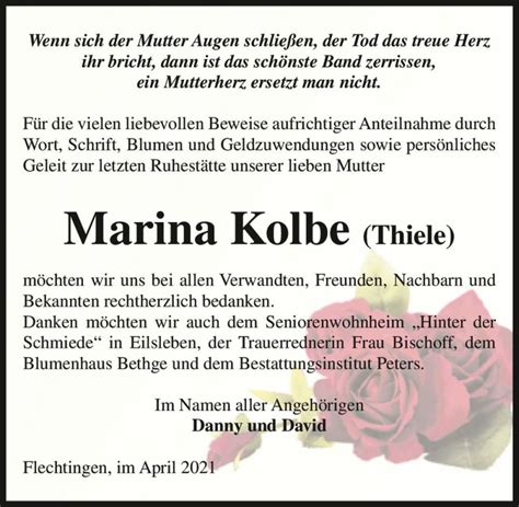 Traueranzeigen Von Marina Kolbe Abschied Nehmen De