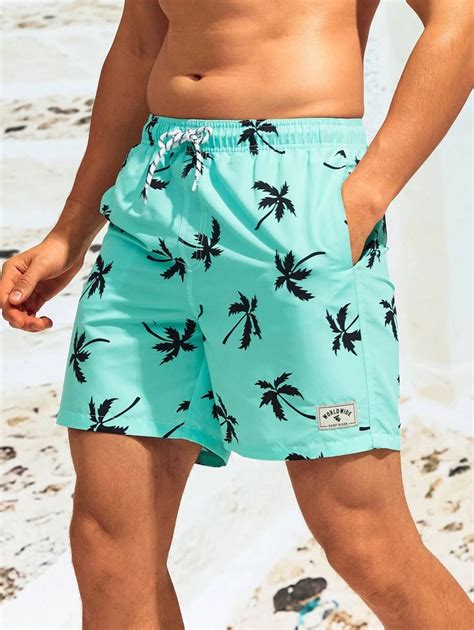 Manfinity Swimmode Men Tropical Print Drawstring Waist Patched Detail