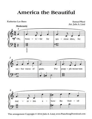 America The Beautiful Free Level 2 Piano Sheet Music For Later Beginners
