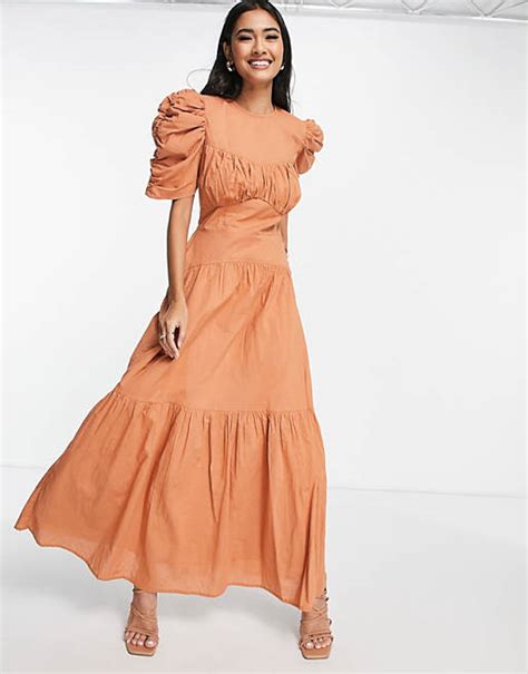 Asos Design Cotton Tiered Midi Dress With Ruched Sleeves And Button