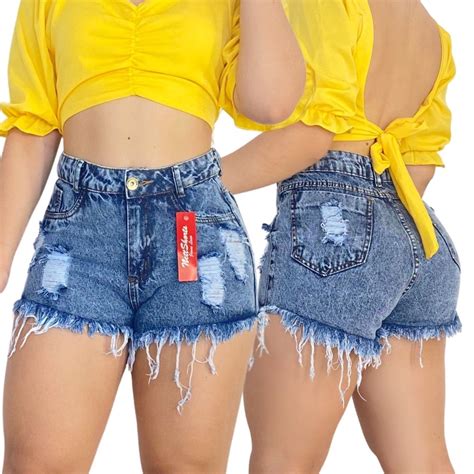 Short Jeans Feminino Cintura Alta Bermuda Cós Alto Desfiado Shopee Brasil