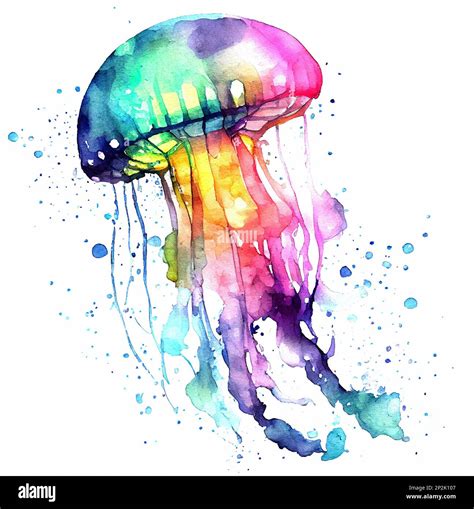 Colored Jellyfish Watercolor Hand Drawn Illustration Sea Stock Photo