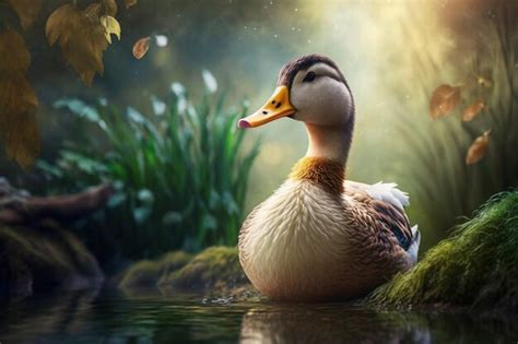 Premium AI Image | A duck on a pond with a yellow background