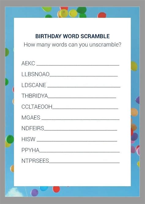 Birthday Word Scramble Kids Fun Ready To Use Digital Instant Download