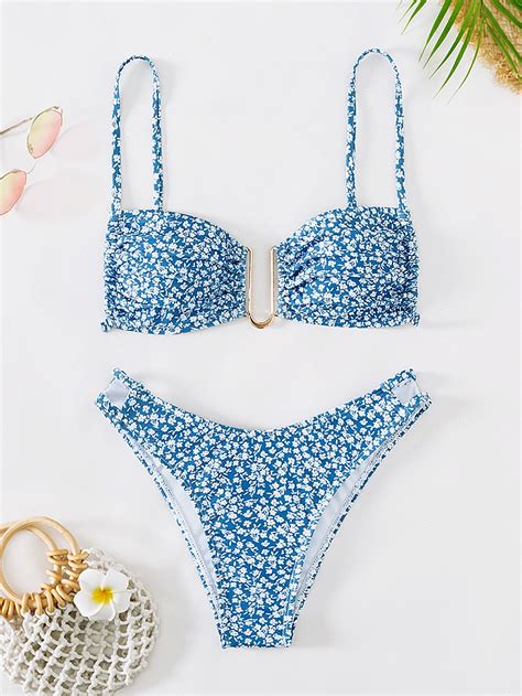 Shein Swim Mod Ditsy Floral Print Bikini Set Ring Linked Cami Bra