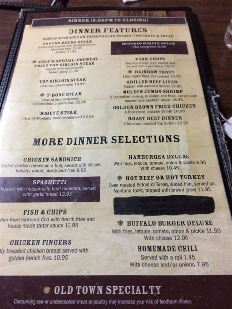 Menu at Old Town Cafe, West Yellowstone