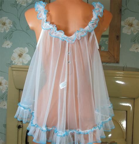 Vintage White Blue Soft Sissy Frilly Sheer Chiffon Babydoll Nightie