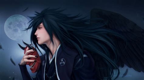 Madara Uchiha Long Black Hair With Mask In Moon Sky Background HD ...