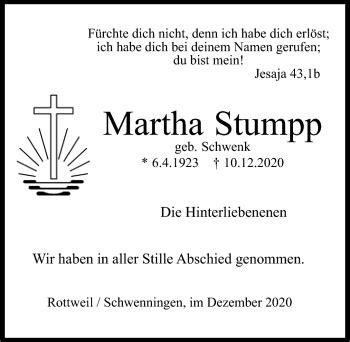 Traueranzeigen von Martha Stumpp Schwarzwälder Bote Trauer