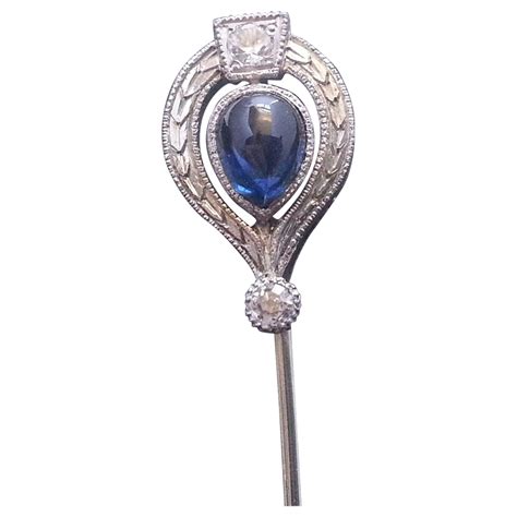 Vintage S Art Deco K White Gold Diamond Sapphire Stick Pin