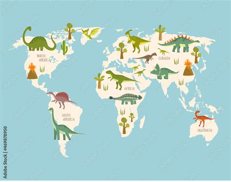 Print. World map with dinosaurs. Dino world map. Cartoon dinosaurs ...