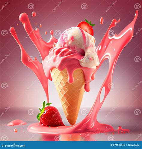 Delicious Strawberry Ice Cream Cone With Fresh Strawberries And Milk