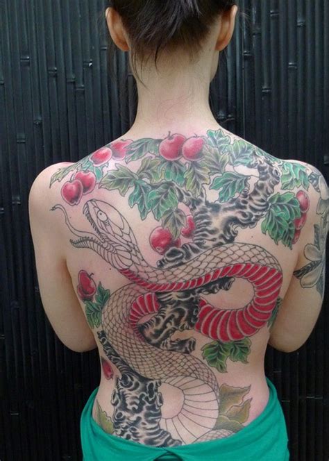 Beautiful colorful large snake tattoo on back for women - Tattooimages.biz