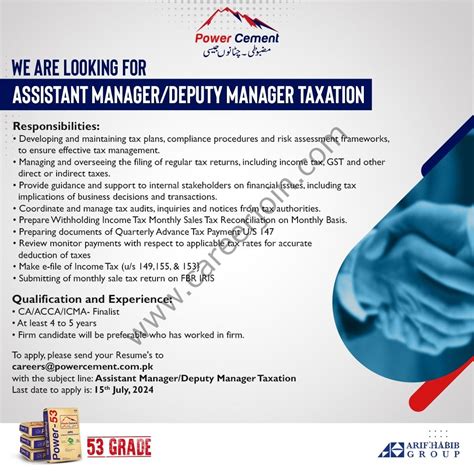 Power Cement Ltd Jobs Assistant Manager Deputy Manager Taxation