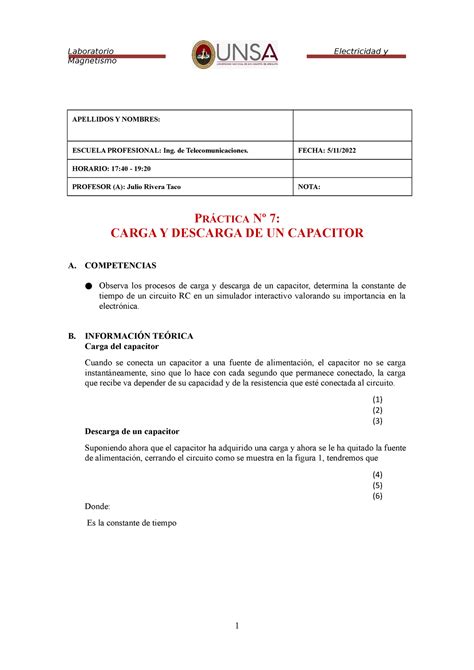 7 Carga Y Descarga De Un Capacitor Laboratorio Magnetismo Apellidos Y