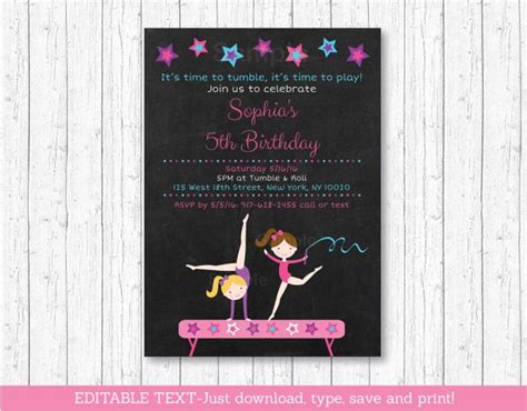 Gymnastics Chalkboard Birthday Invitation Printable Editable Pdf A384