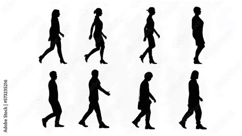 Black Body Shape Graphic Side View People Walking On White Background