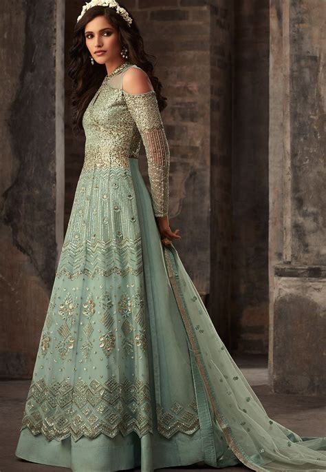 Blue Net Embroidered Designer Anarkali Suit