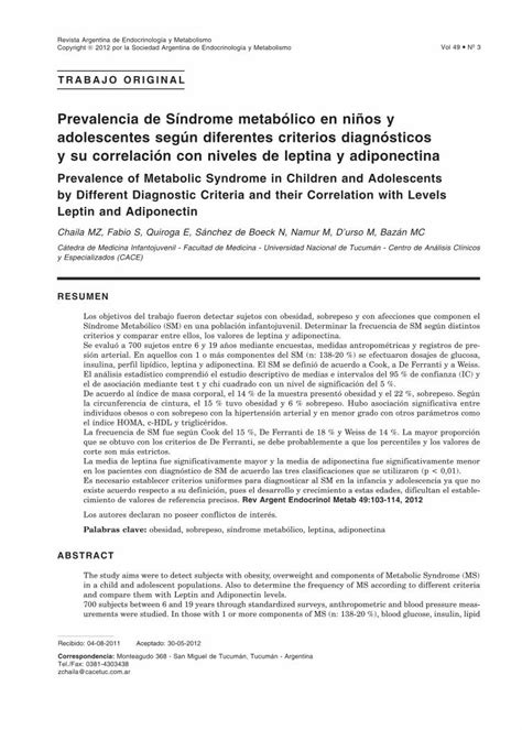 Pdf Prevalencia De S Ndrome Metab Lico En Ni Os Y Prevalencia De