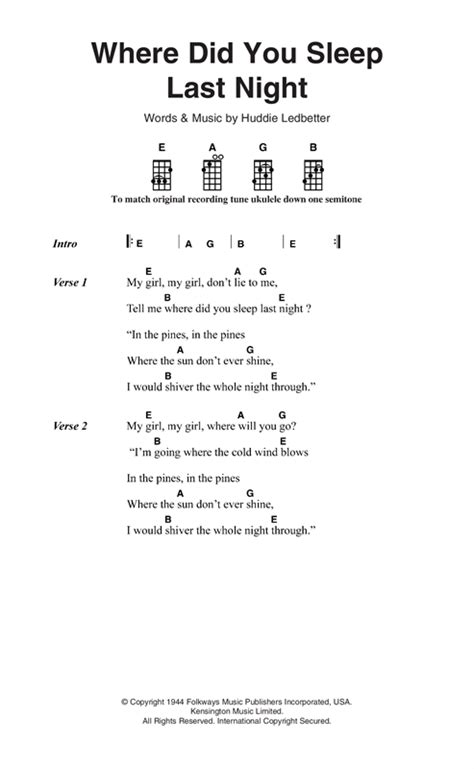 Nirvana Where Did You Sleep Last Night Sheet Music Notes | Ukulele ...