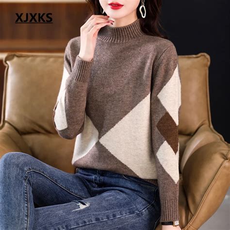 Xjxks 2022 New Women S Winter Sweater Fashion Stitching Soft