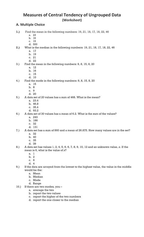 Solution Worksheet For Measures Of Central Tendency Of Ungrouped Data