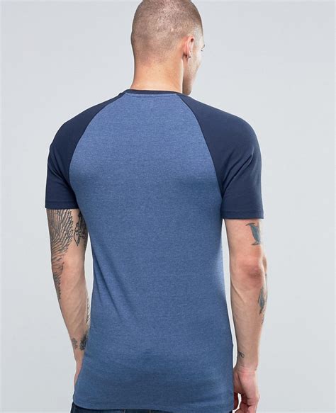 Longline Muscle T Shirt With Contrast Raglan Sleeves In Blue