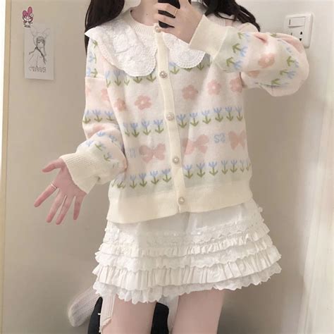 Kawaii Sweater Cardigan With Lace Collar Kawaii Fashion Aesthetic