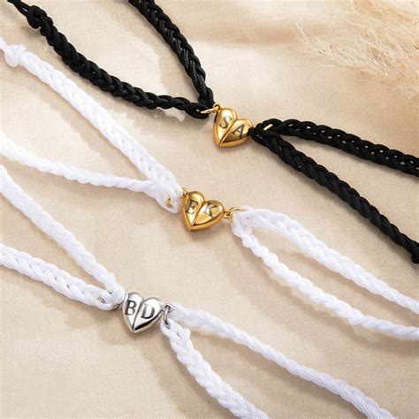 Custom Initials Matching Heart Magnetic Bracelets Set Of Adjustable