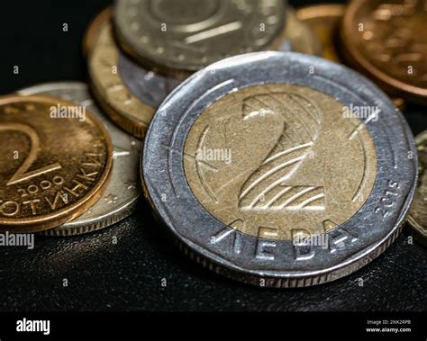 Macro detail with Bulgarian Lev coins. the Lev is the official currency ...