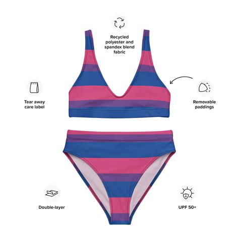 Bisexual Pride Flag Striped Recycled High Waisted Bikini Eco Friendly Pride Bikini Swimsuit