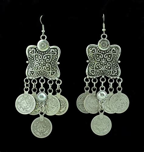 Silver Coin Earring Indian Jewelry Carving Flower Statement Earrings