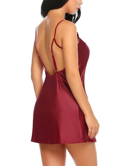 Womens Chemise Nightgown Sexy Satin Lingerie Silk Babydoll Sleepwear S XXL Wine Red CB188CS3GXZ