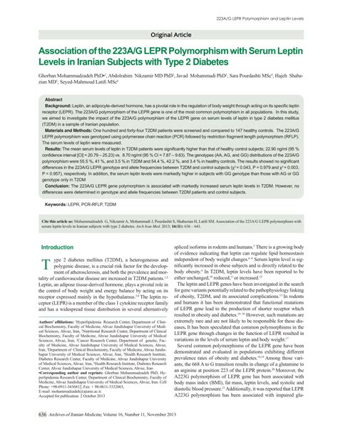 Pdf Association Of The 223a G Lepr Polymorphism With Serum Leptin