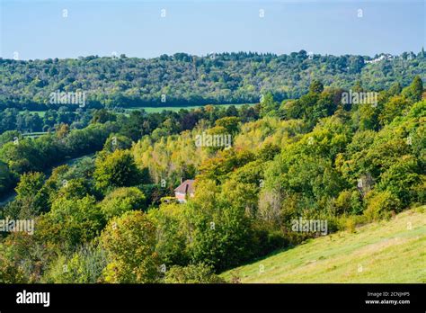 View of English countryside in the fall colors, North Downs in Surrey ...