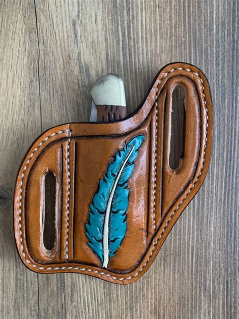 Slanted Pancake Style Pocket Knife Sheath Hand Tooled Trapper Style